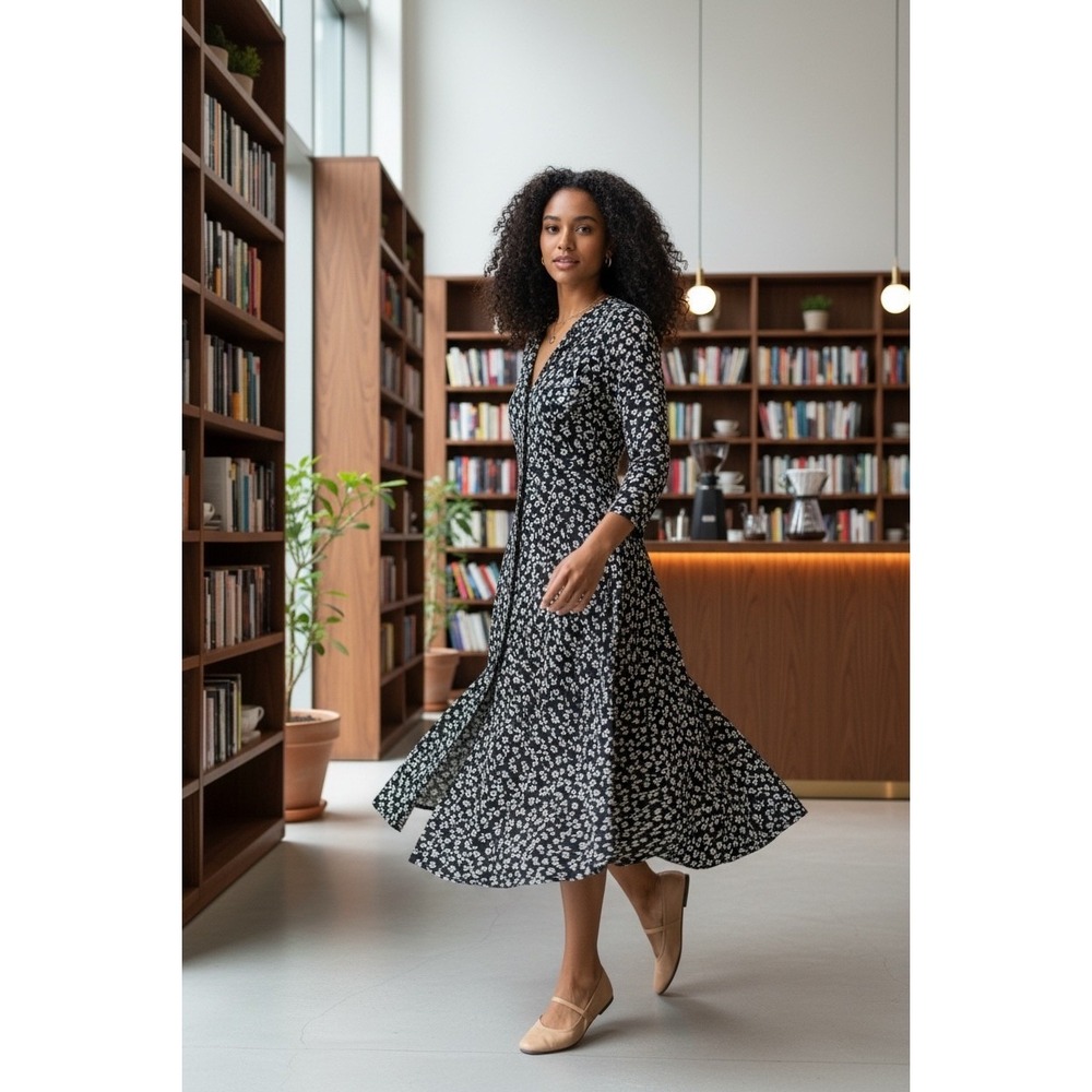 Black Floral Midi Wrap Dress - Elegant Everyday Style